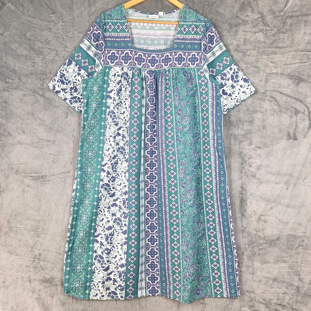 Vermont Country Store Dress XL Green Muumuu House Floral Midi Cottagecore Pocket